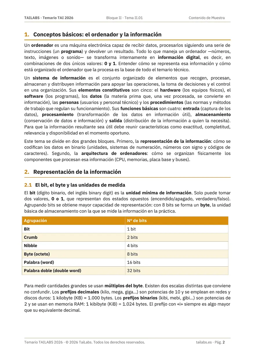 Página del tema II.01 con la tabla de unidades de medida de la información