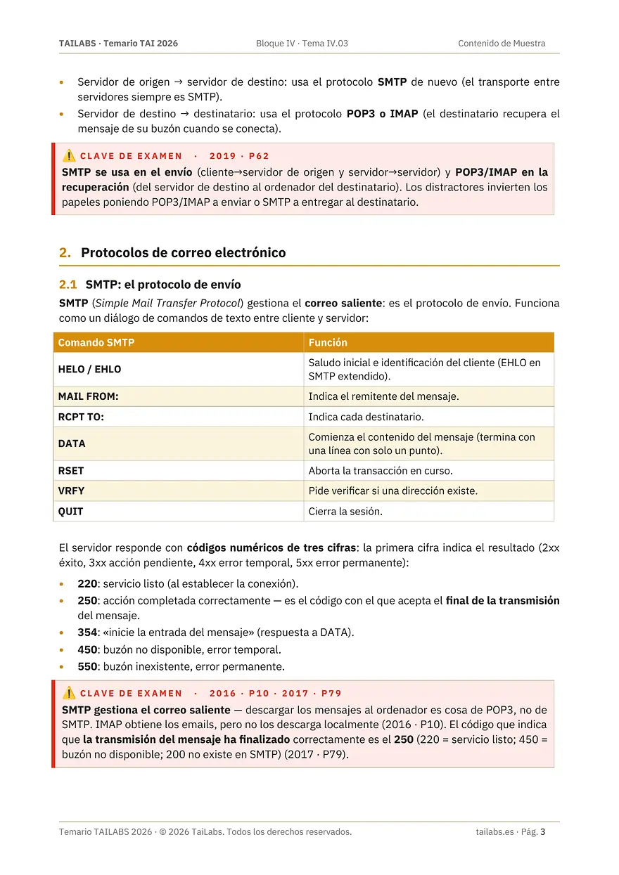Página del tema IV.03 con la tabla de comandos SMTP y dos recuadros de clave de examen
